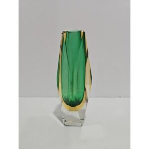 Vintage Murano Sommerso Faceted Art Olive Green Glass Vase 8" Tall